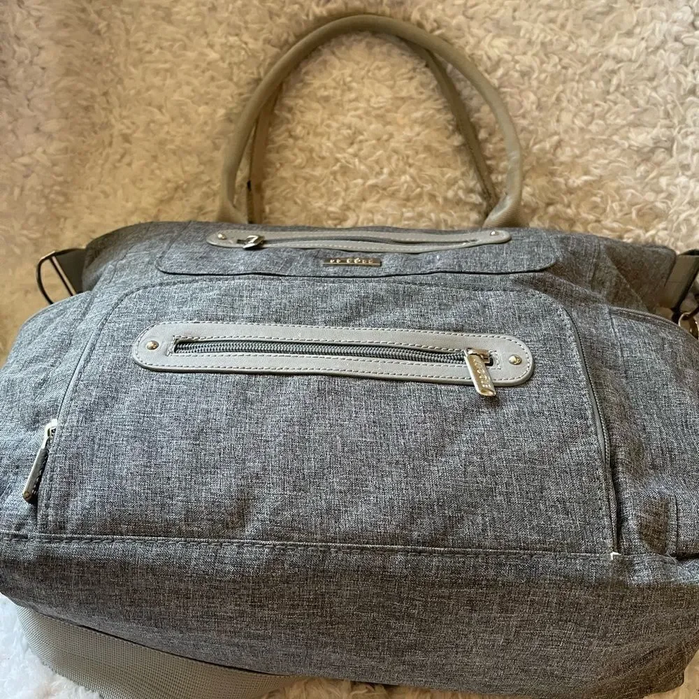 JJ Cole light gray fabric Caprice diaper bag aqua blue lining .